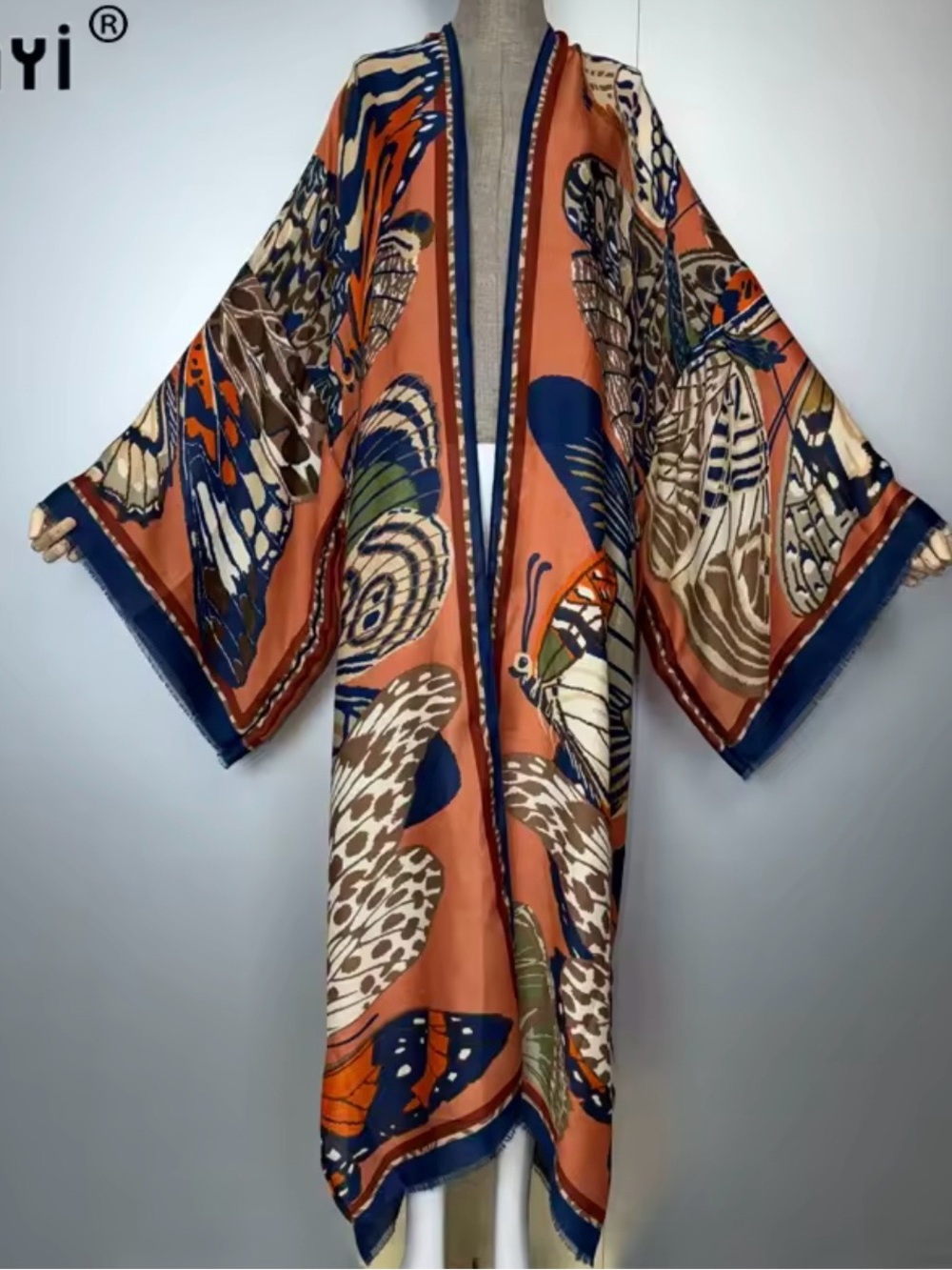 Bohemian Butterfly Print Long Kimono Robe - Orange & Blue
